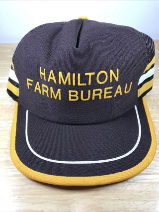 Vintage 3 Stripe Hat Hamilton Farm Bureau Snapback Brown Gold White Made In Usa