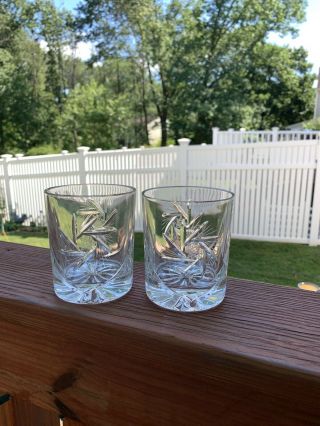 2 Heavy Crystal Pinwheel Cut Glass Double Old Fashion Whiskey Rocks Glasses