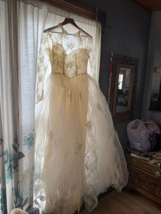 Vtg 1950s Ivory Tulle Lace Satin Wedding Prom Dress Gown Small