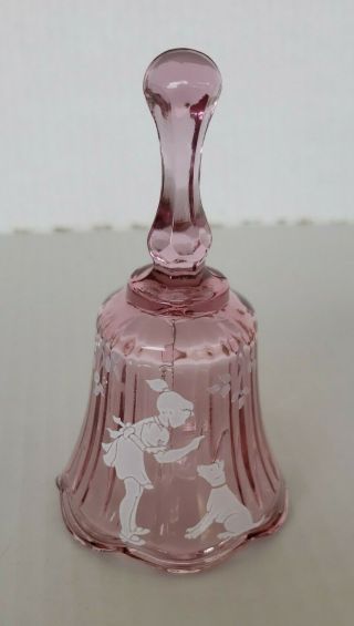 Fenton Pink Bell Mary Gregory Girl & Dog Hand Painted 4 1/2”