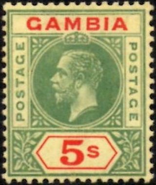Gambia 1922 Kgv 5/ - Green & Red/pale Yellow Sg.  102 (hinged) Wmk.  Mcca