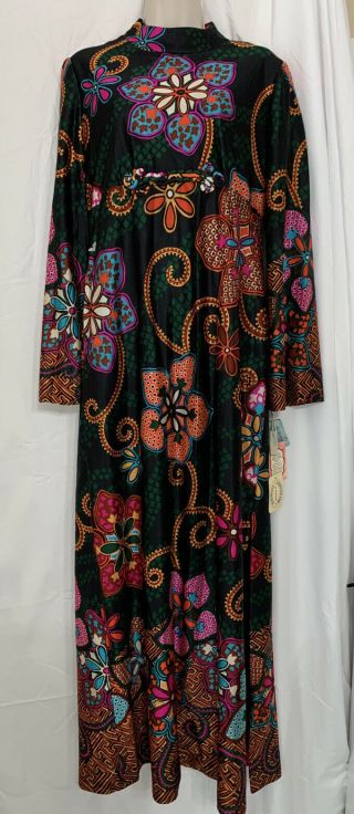 Vintage 1970’s Womens Maxi Dress Long Sleeve High Neck Psychedelic Size 14