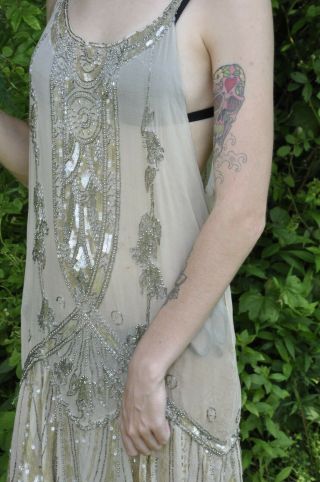 VTG Vintage 20s 1920s Ivory Silk Sequin Beaded Sleeveless Flapper Dress Wounded 2