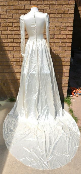 1940s Ivory Satin Lace Long Sleeve Wedding Dress Gown Cathedral Train Vtg Button