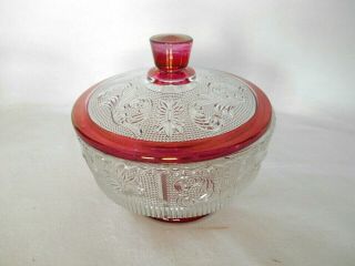Vintage Cranberry & Clear Glass Footed Covered Dish W/ Sandwich Pattern Variant