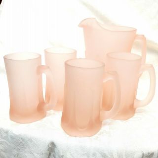 Vintage 5 Pc Set Tiara Exclusives Frosted Pink Satin Glass Pitcher Tankards Usa