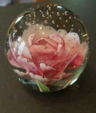 Paperweight Blown Clear Glass Pink Floral Flower Bullicante Bubbles