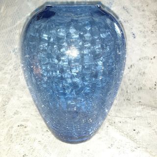 Vintage Crackle Glass Vase - Light Blue To Almost Cobalt Approx Six Inches Tall