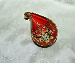 Vtg.  Bohemian Hand Painted Floral Art Glass Ruby Red Gold Gilded Trinket Dish