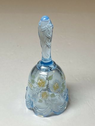 Fenton Blue Glass Drapery Bell With Flowers Hand Painted Artist Signed 4 1/2”