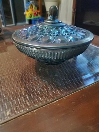 Vintage Indiana Carnival Glass Covered Candy Dish Windsor Blue Iridescent.