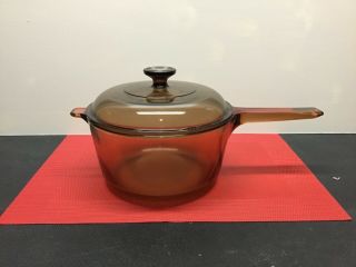 Corning Vision Ware 2.  5 L Amber Glass Pot Sauce Pan With Pyrex Lid Usa