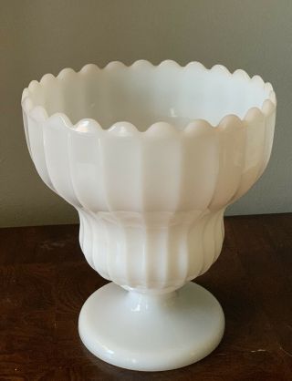 Vtg Milk Glass Pedestal Urn Vase Ribbed Large 8” Scalloped Edge