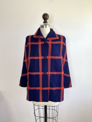 Vtg 30s 40s 50s Red Blue Wool Rockabilly Atomic Swing Jacket Coat Plaid Check