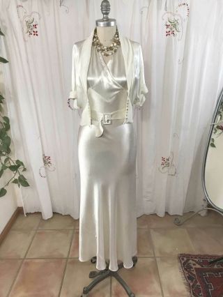 Vtg 30s Rayon Satin Wedding Dress Gown W/bolero Halter Bias Art Deco Hollywood 4