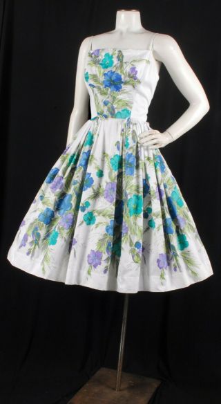 Vtg 50s Bird & Flower Novelty Print Border Print Full Skirt Sundress Party Dress