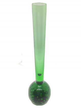 Vintage 6” Tall Hand Blown Emerald Green Controlled Bubble Art Glass Bud Vase