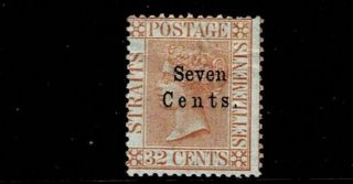 Strait Settlements 1879 7c On 32c Pale Red Mounted