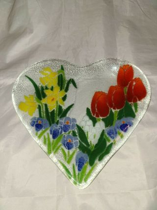 Peggy Karr Fused Glass Spring Garden Heart Shaped Plate Tulips Daffodils Florals