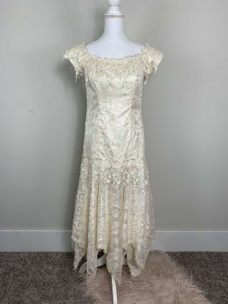 Vintage Loralie Dress Tiered Lace Pink Wedding Victorian Satin Ivory 12