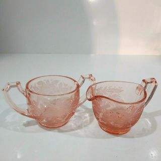 Indiana Depression Glass Pink Etched Floral Design Open Sugar Bowl And Creamer