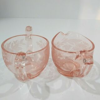 Indiana Depression Glass Pink Etched Floral Design Open Sugar Bowl and Creamer 2