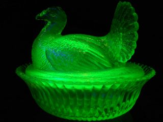 Green Vaseline Uranium Glass Hen Turkey On Nest Basket Covered Butter Dish Candy