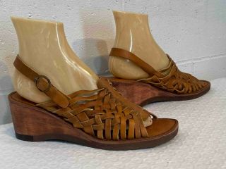 Nos Vtg 60 70s Shoe Huarache Leather Sandal Wood Wedge Heel Boho Dunham Sz 10