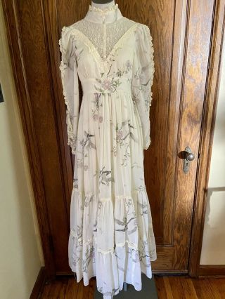 Vintage Gunne Sax Style Prairie Boho Floral & Lace Maxi Dress