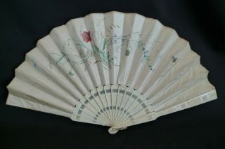 Antique Asian Hand Folding Fan Hand - Painted Florals On Silk Carved Bone Handle