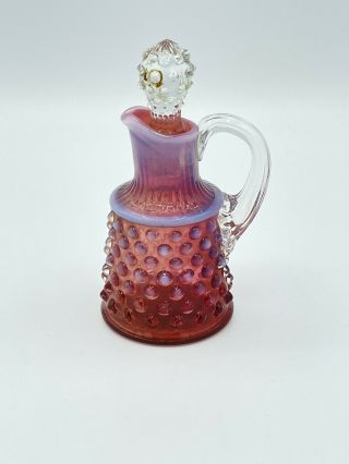 Vintage Fenton Glass Cranberry Opalescent Hobnail Oil Cruet W/ Stopper 5” Tall