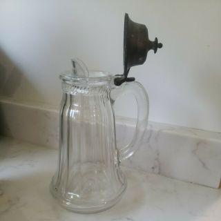 Vintage Heavy Glass Syrup/creamer Pitcher With Hinged Metal Lid Pontil Mark 8 "