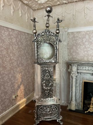 Antique Miniature Dollhouse Dutch Silver Grandfather Clock Georg Roth 1800s