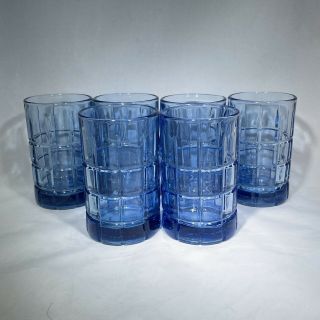 Set Of 6 Vintage Blue Anchor Hocking Tartan Plaid Grid Tall 4” Glasses