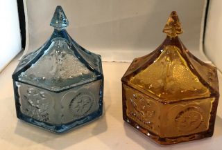 Indiana Tiara Glass Hexagon Candy Dish Eagle Star Blue Amber Set 2 Vintage