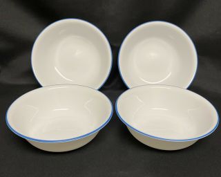 Set Of 4 Corelle True Blue Cereal Or Soup Bowls 6 1/4” Holds 18oz.  White W Blue