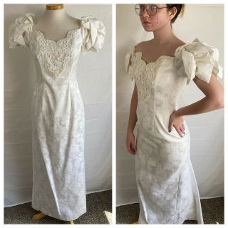 Vintage Jessica Mcclintock Wedding Dress W Bodice Ivory Satin Puff Sleeve 8