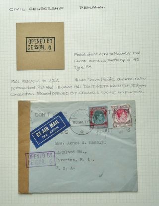 Malaya 18 Jun 1941 Kgvi Censored Airmail Cover From Penang To Tiverton,  Usa