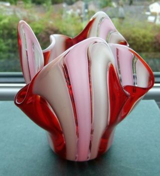 Stunning Vintage Red & Pink Murano Glass Handkerchief Vase