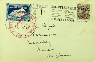 India 1924 Mt.  Everest Expedition Rongbuk Base Camp Ppc W/ 1½a Kgv To Gb