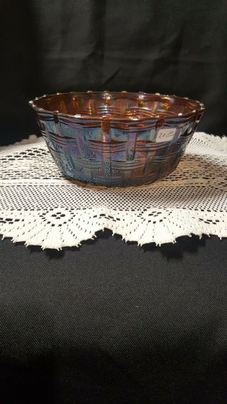 Blue Carnival Glass Bowl Basket Weave