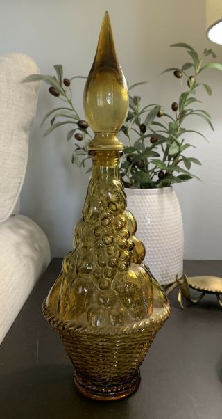 Vintage Empoli Amber Glass Fruit Basket Decanter Genie Bottle Topper Italy Boho