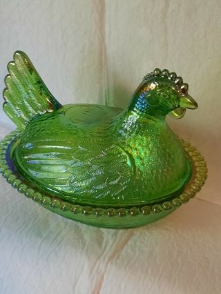 Vtg Indiana Glass Green Iridescent Hen On Beaded Edged Nest/basket Covered Dish