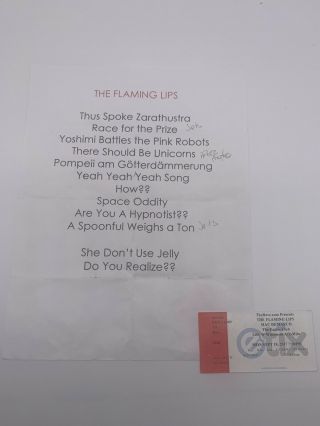 The Flaming Lips Setlist With Ticket Stub - Sept 17th 2018 - The Rave Milwaukee