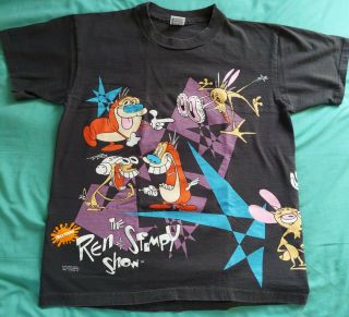 Vintage Ren And Stimpy Show T - Shirt Front And Back Graphics Large Black 1992 Mtv