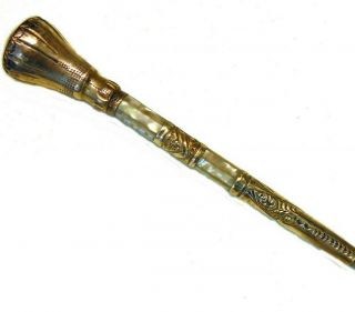 Antique Victorian Gold Plate Pearl Parasol Repousse Cane Walking Stick Handle 2