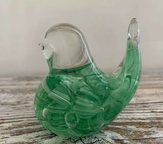 Vintage Green Ribbon Swirl Bird Art Glass Paperweight Joe Rice 1993