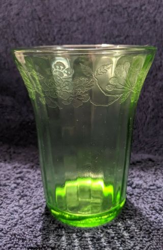 Depression Era Green Uranium Glass.  Cherry Blossom,  Flared Tumbler 4 " Tall
