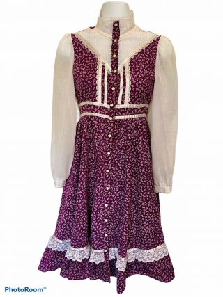 Cottagecore Prairie Gunne Sax Midi Dress Purple Floral Vintage 1970s Girls Or Xs