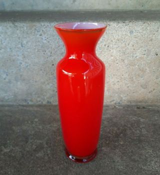 Vintage Japan Studio Art Glass Bud Vase Red Cased White With Gold Accents 8 "
